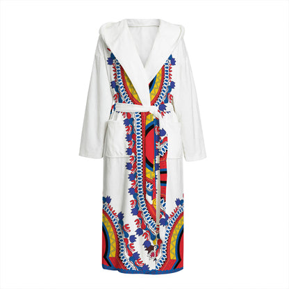 Red And White African Dashiki Print Hooded Bathrobe