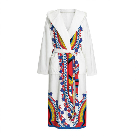 Red And White African Dashiki Print Hooded Bathrobe