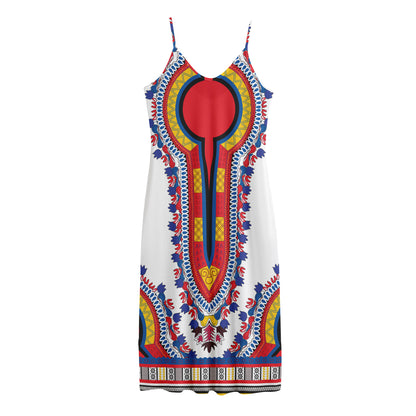 Red And White African Dashiki Print Jersey Midi Cami Dress