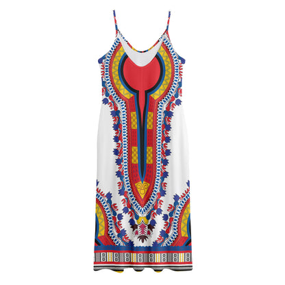 Red And White African Dashiki Print Jersey Midi Cami Dress