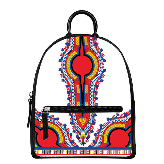 Red And White African Dashiki Print Leather Backpack