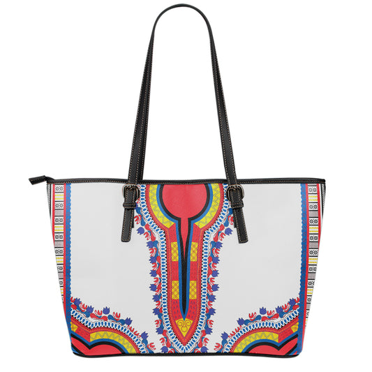 Red And White African Dashiki Print Leather Tote Bag