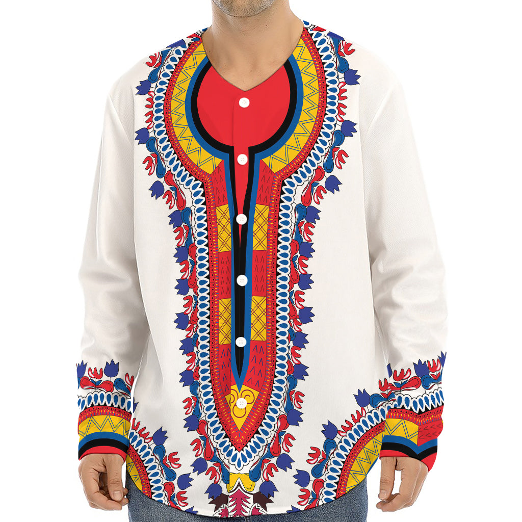 Red And White African Dashiki Print Long Sleeve Baseball Jersey