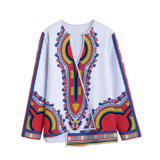 Red And White African Dashiki Print Long Sleeve Short Coat