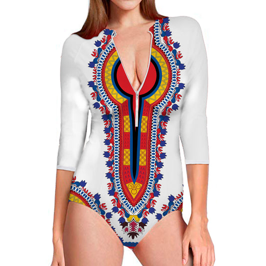 Red And White African Dashiki Print Long Sleeve Swimsuit