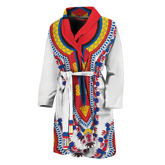 Red And White African Dashiki Print Men's Bathrobe