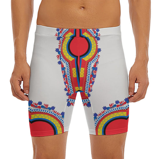 Red And White African Dashiki Print Men's Long Boxer Briefs