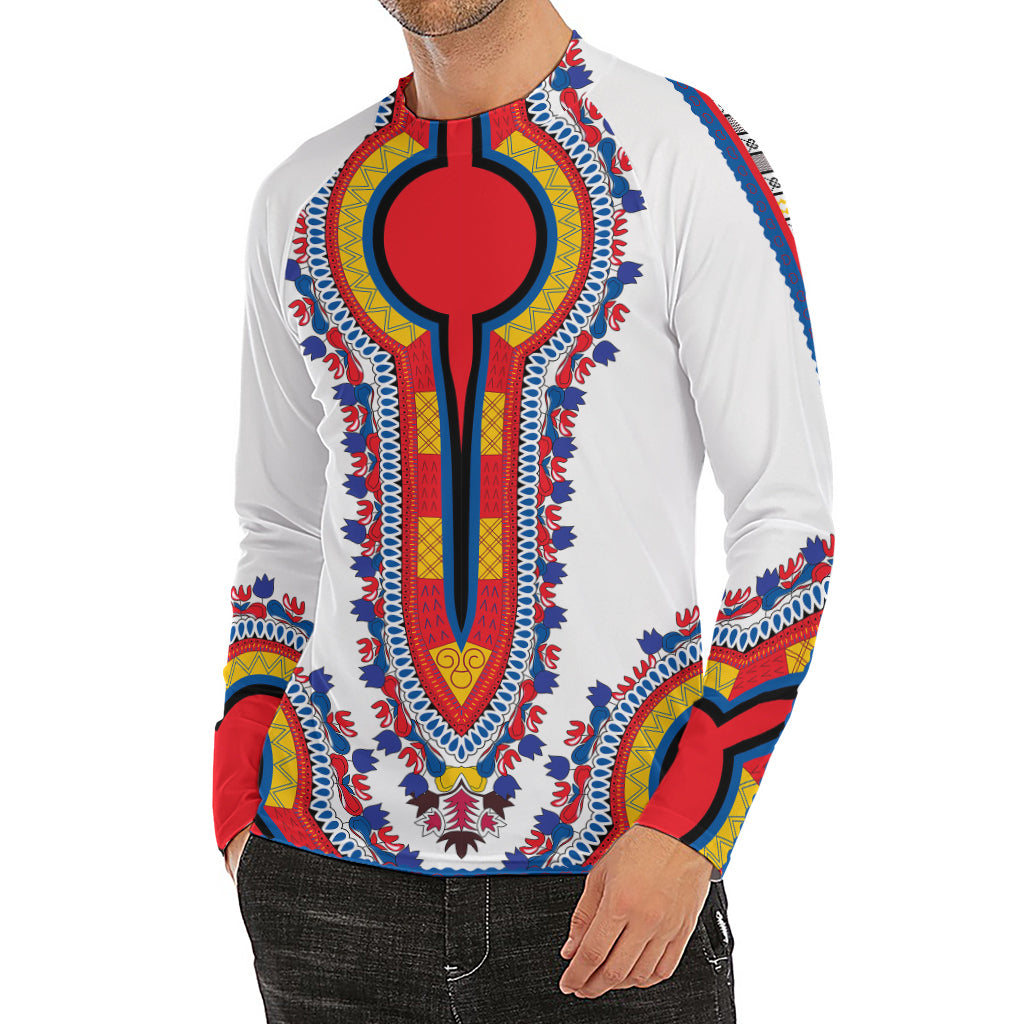 Red And White African Dashiki Print Men's Long Sleeve Rash Guard