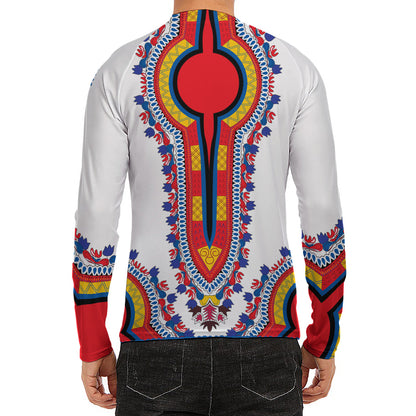 Red And White African Dashiki Print Men's Long Sleeve Rash Guard