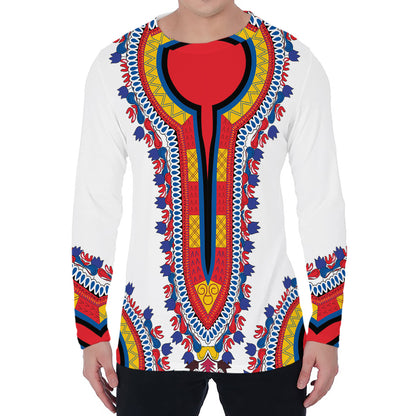 Red And White African Dashiki Print Men's Long Sleeve T-Shirt