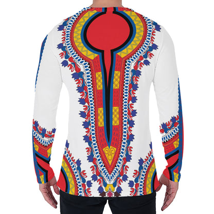 Red And White African Dashiki Print Men's Long Sleeve T-Shirt