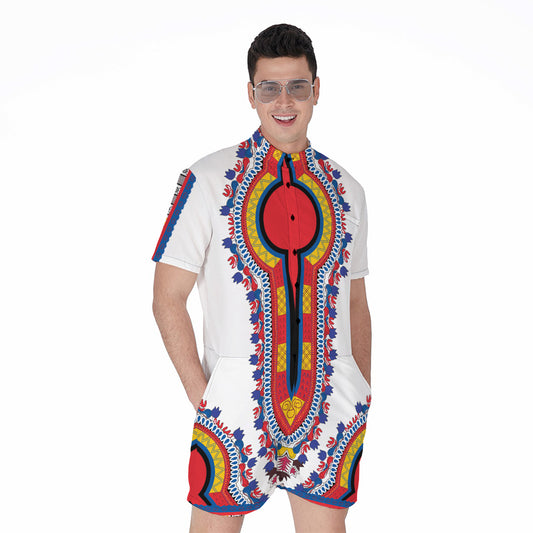 Red And White African Dashiki Print Men's Rompers
