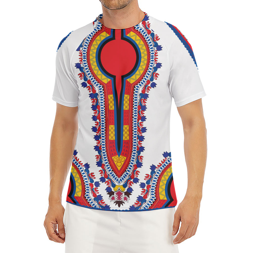 Red And White African Dashiki Print Men's Short Sleeve Rash Guard