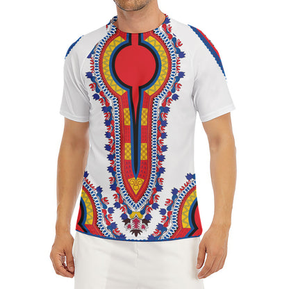 Red And White African Dashiki Print Men's Short Sleeve Rash Guard