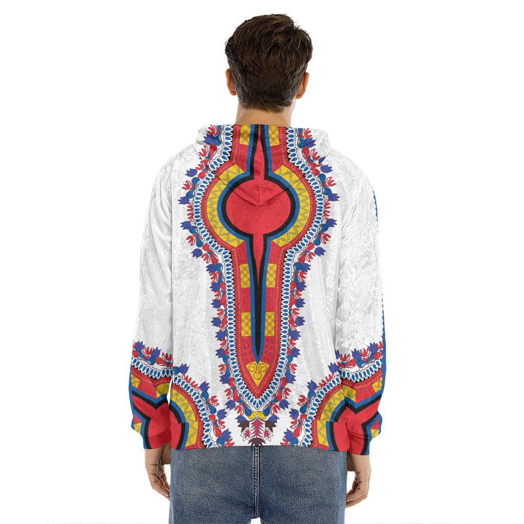 Red And White African Dashiki Print Men's Velvet Pullover Hoodie
