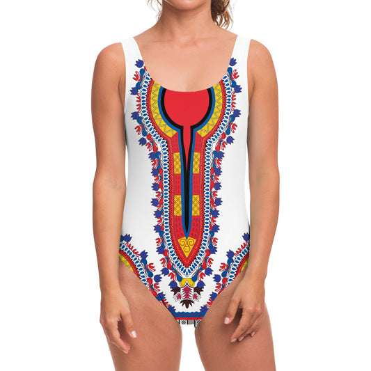 Red And White African Dashiki Print One Piece Swimsuit