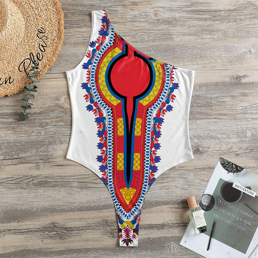 Red And White African Dashiki Print One Shoulder Bodysuit