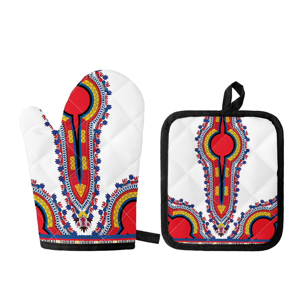 Red And White African Dashiki Print Oven Mitt And Pot Holder Set