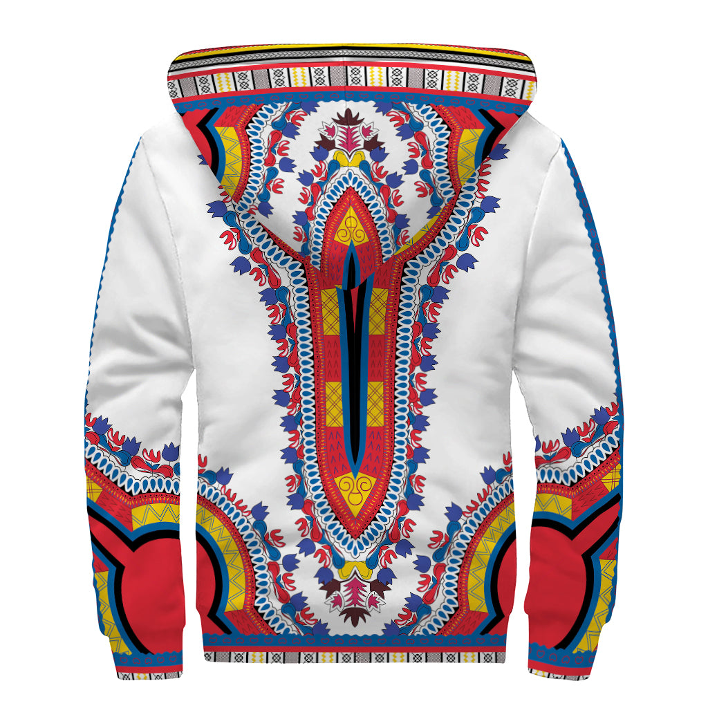 Red And White African Dashiki Print Sherpa Lined Zip Up Hoodie