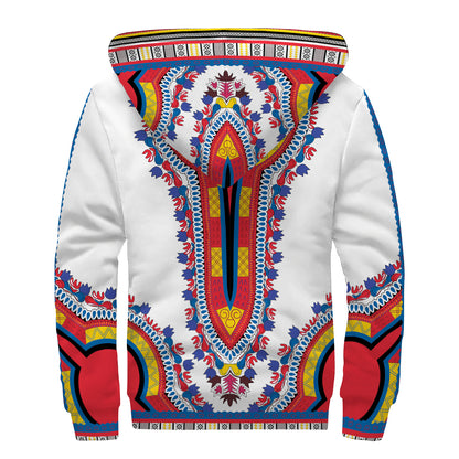 Red And White African Dashiki Print Sherpa Lined Zip Up Hoodie