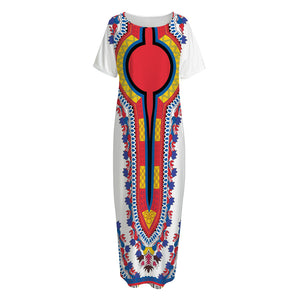 Red And White African Dashiki Print Short Sleeve Long Nightdress