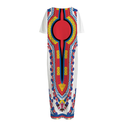 Red And White African Dashiki Print Short Sleeve Long Nightdress