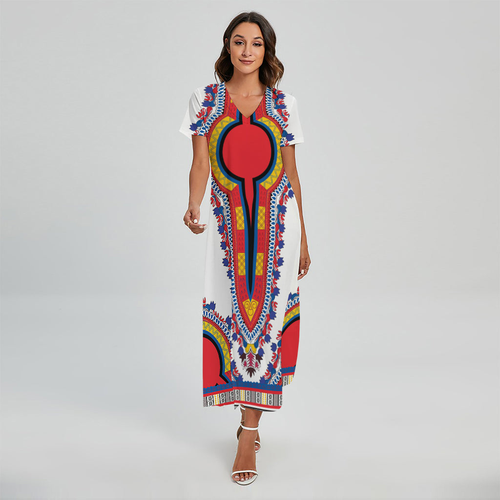 Red And White African Dashiki Print Short Sleeve Maxi Dress