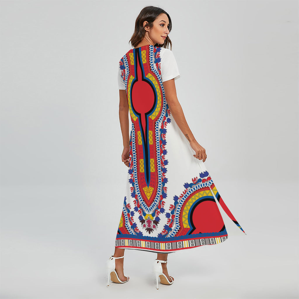 Red And White African Dashiki Print Short Sleeve Maxi Dress
