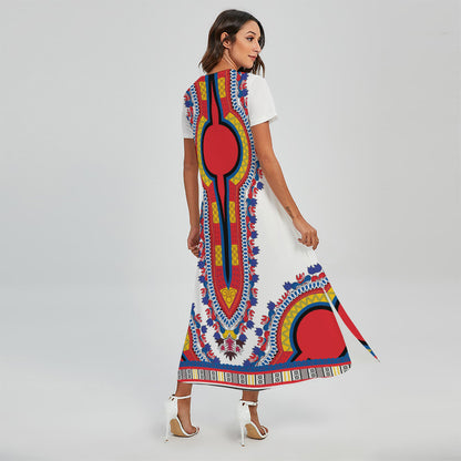 Red And White African Dashiki Print Short Sleeve Maxi Dress