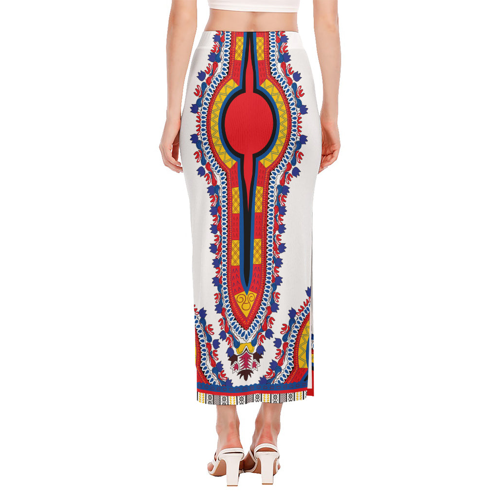 Red And White African Dashiki Print Side Slit Maxi Skirt