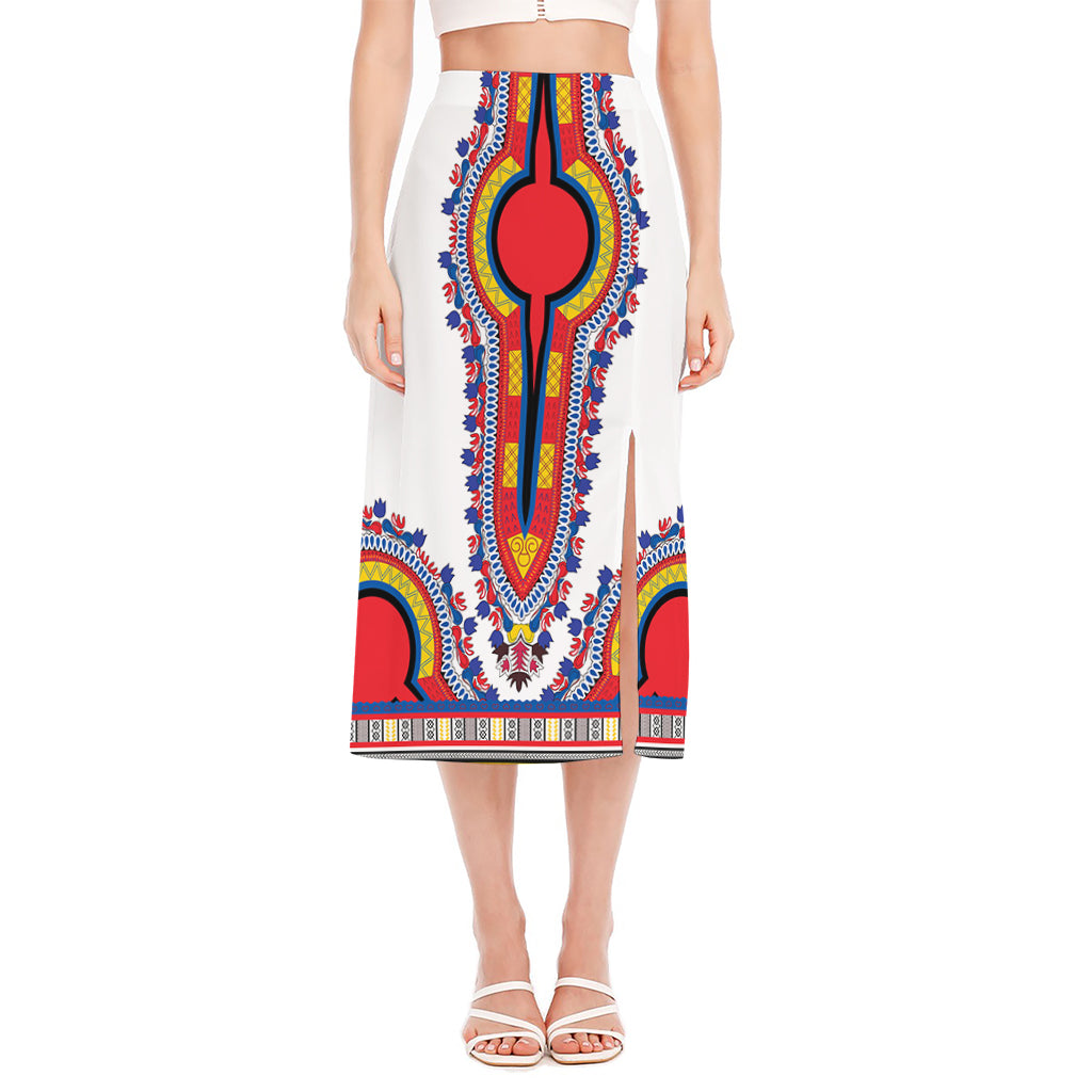 Red And White African Dashiki Print Side Slit Midi Skirt