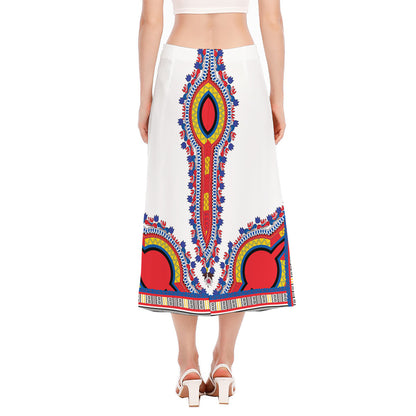 Red And White African Dashiki Print Side Slit Midi Skirt
