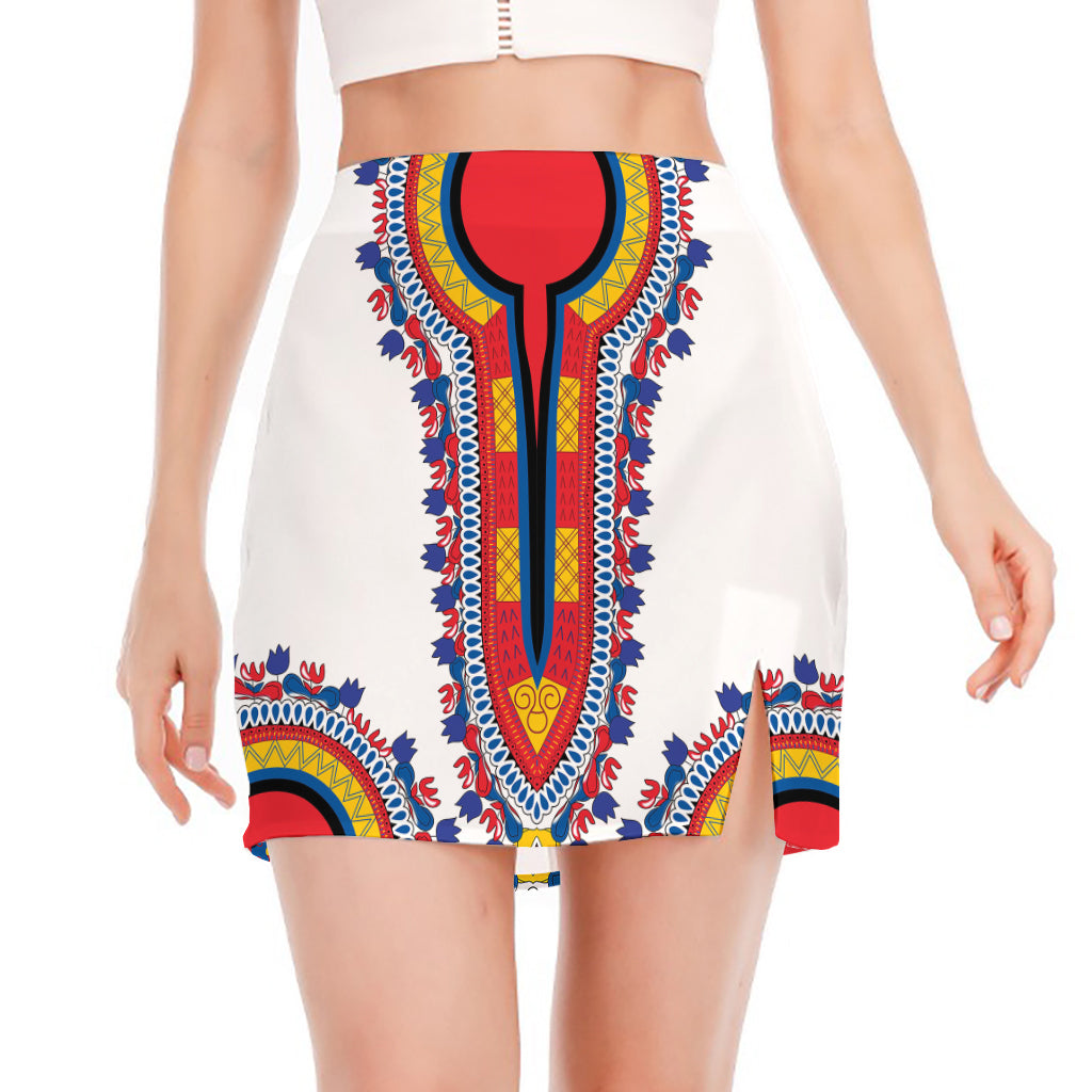 Red And White African Dashiki Print Side Slit Mini Skirt