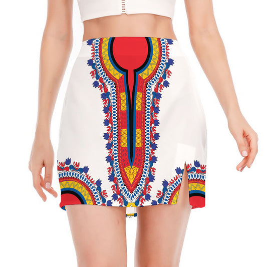 Red And White African Dashiki Print Side Slit Mini Skirt
