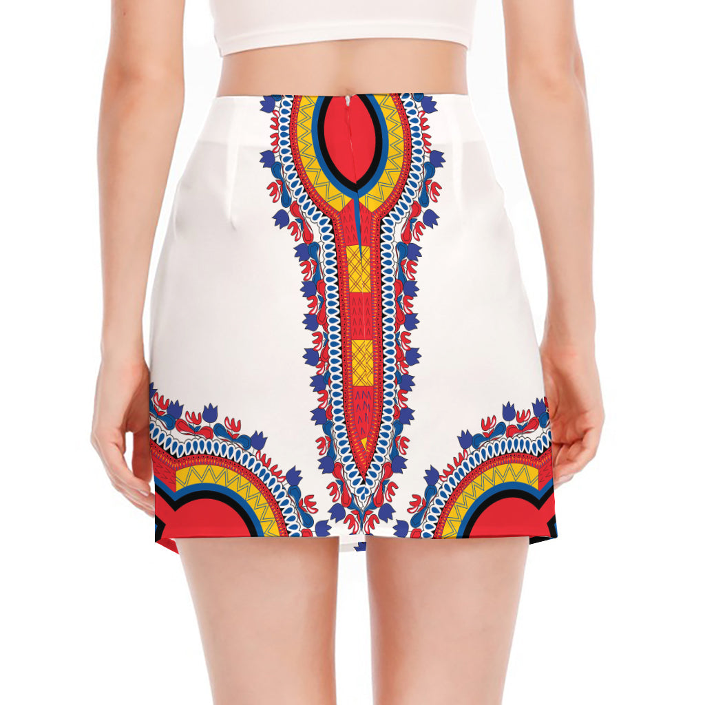 Red And White African Dashiki Print Side Slit Mini Skirt