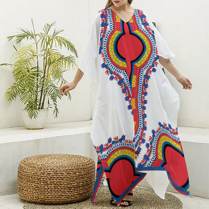 Red And White African Dashiki Print Silk V-Neck Kaftan Dress