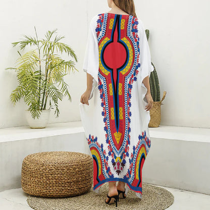 Red And White African Dashiki Print Silk V-Neck Kaftan Dress