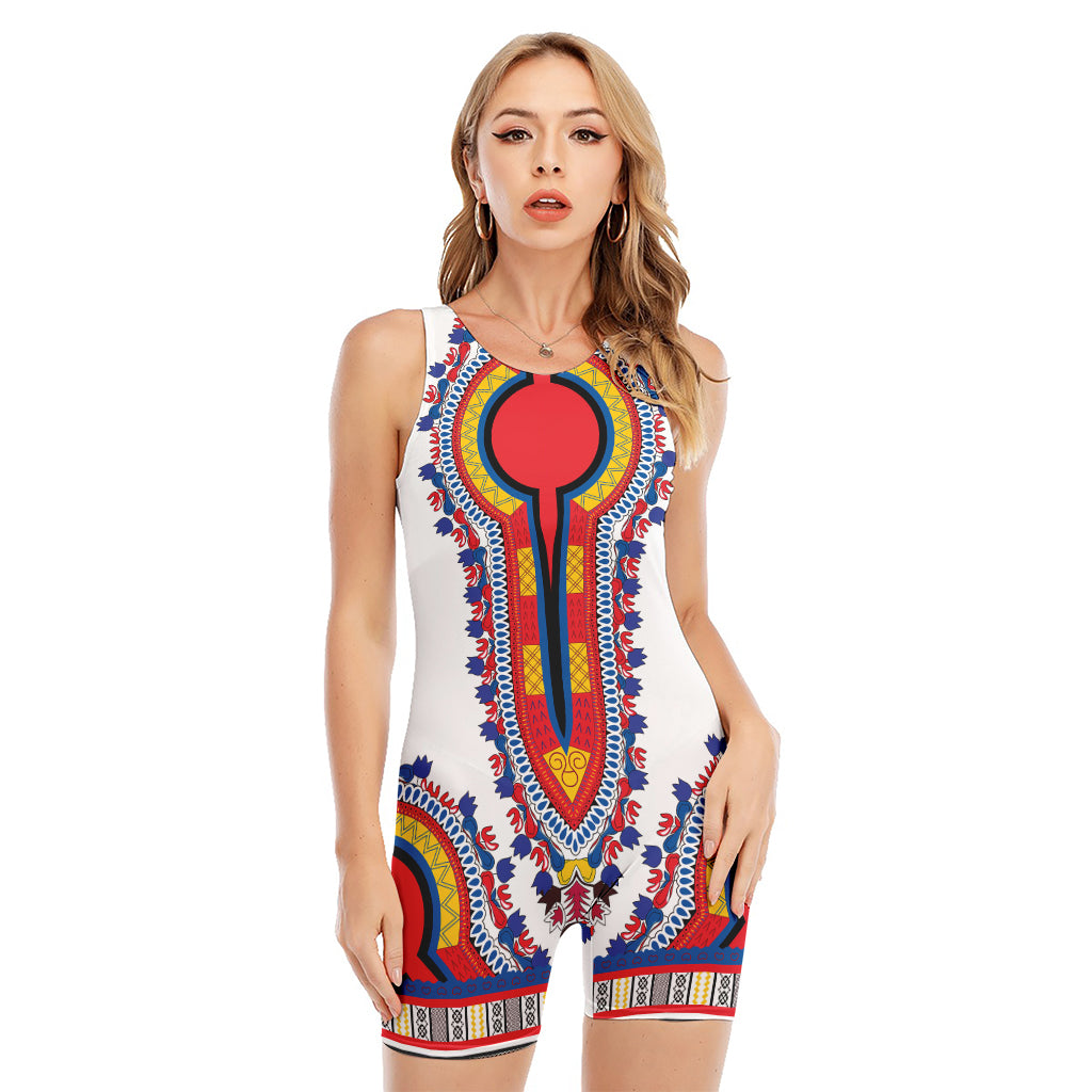 Red And White African Dashiki Print Sleeveless One Piece Swimsuit