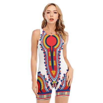 Red And White African Dashiki Print Sleeveless One Piece Swimsuit