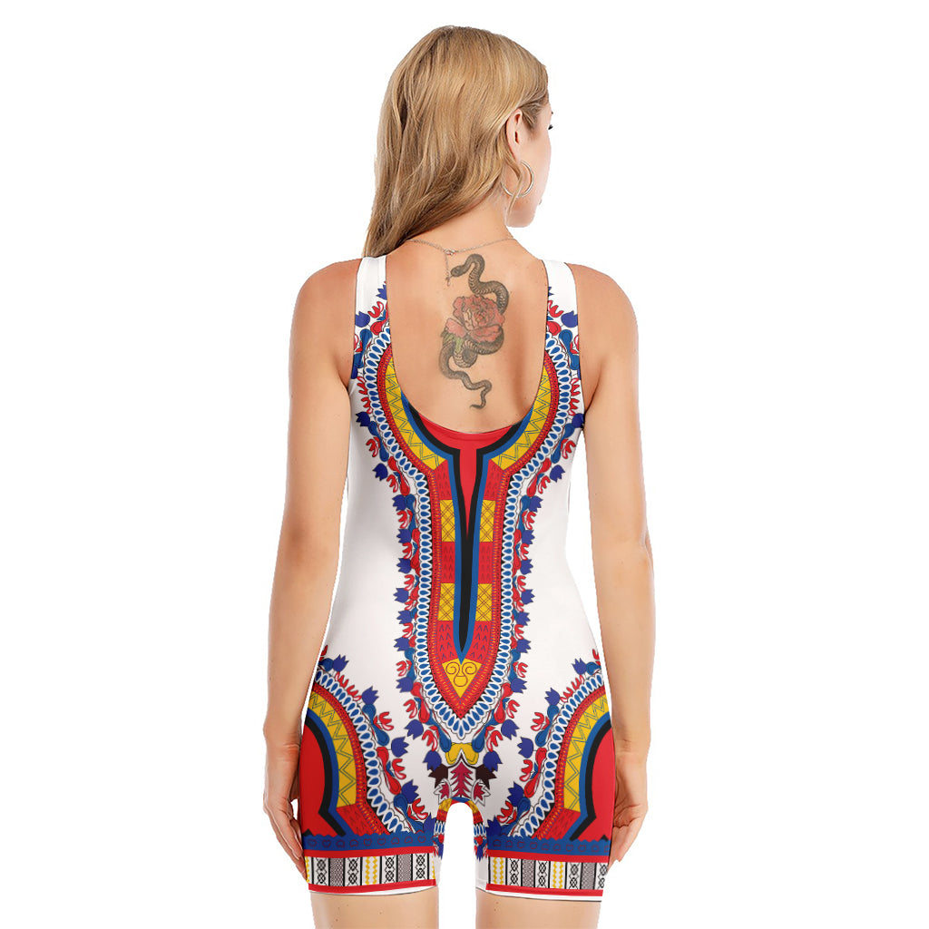 Red And White African Dashiki Print Sleeveless One Piece Swimsuit