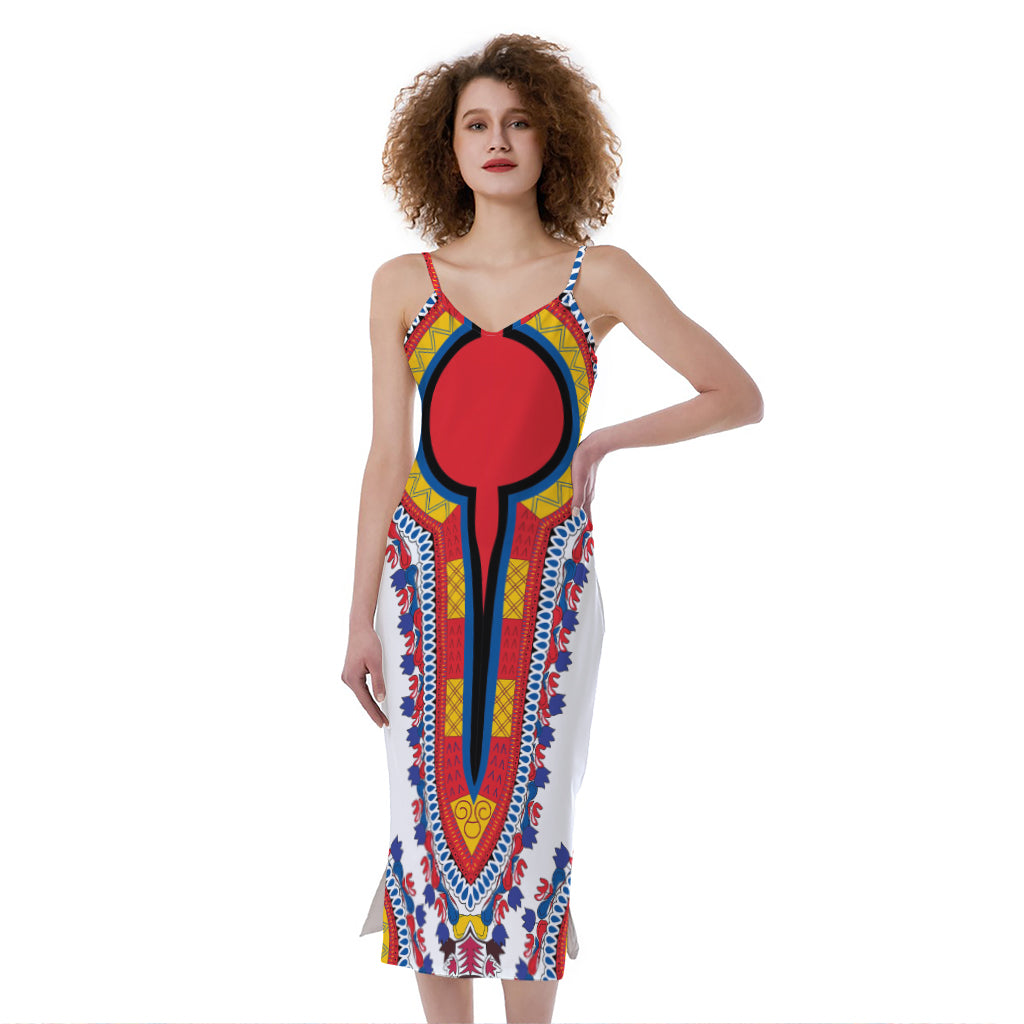 Red And White African Dashiki Print Slim Fit Midi Cami Dress