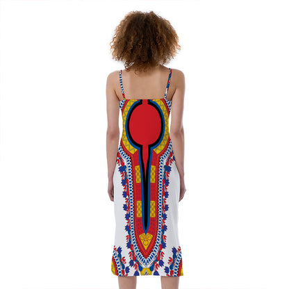 Red And White African Dashiki Print Slim Fit Midi Cami Dress