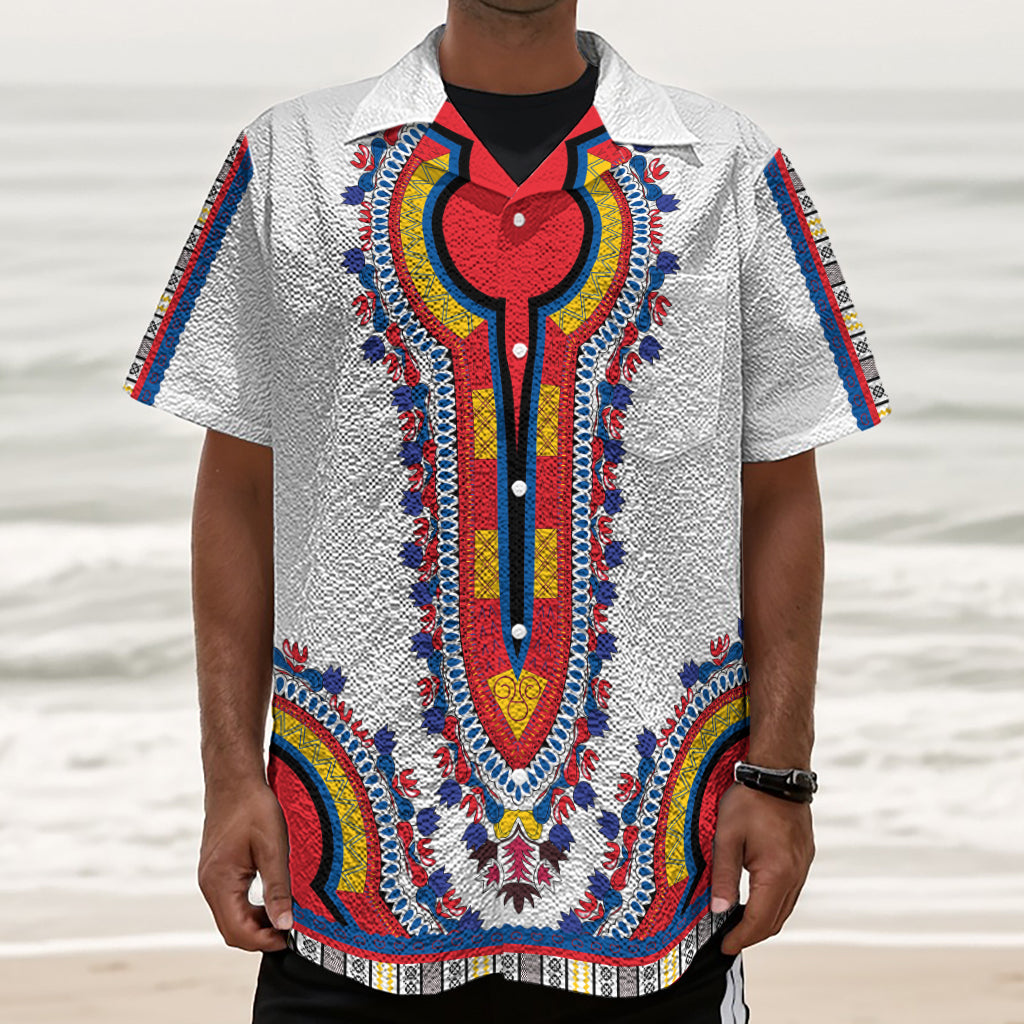 Red And White African Dashiki Print Textured Short Sleeve Shirt