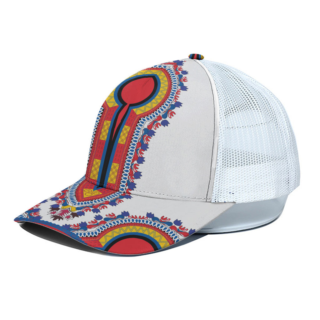 Red And White African Dashiki Print White Mesh Trucker Cap