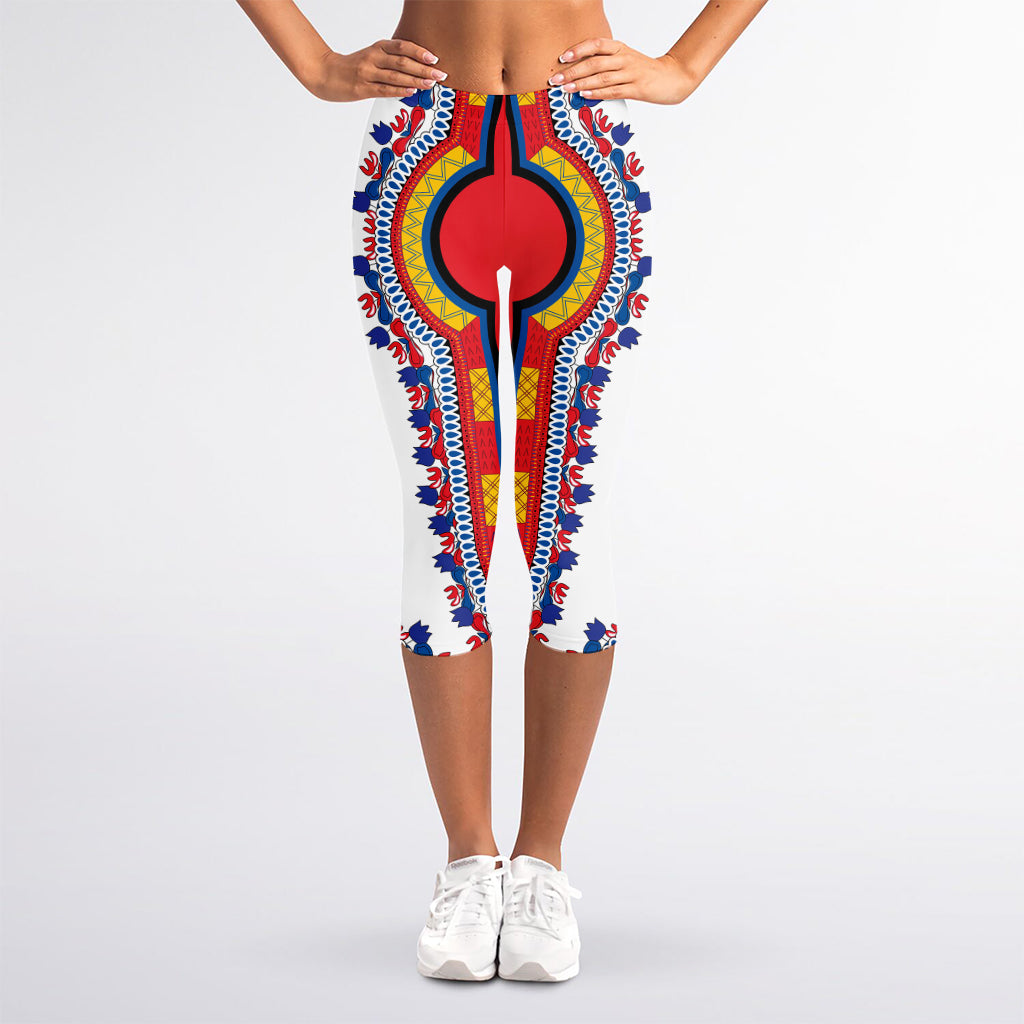 Red And White African Dashiki Print Women's Capri Leggings