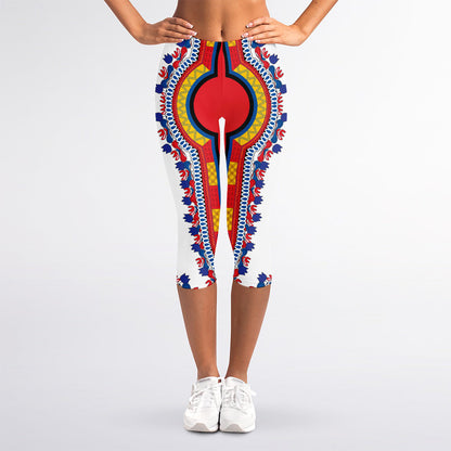 Red And White African Dashiki Print Women's Capri Leggings