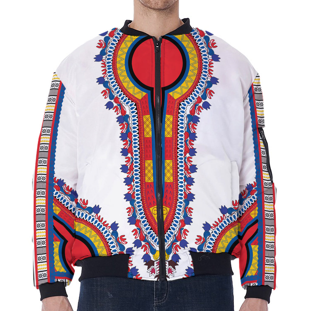 Red And White African Dashiki Print Zip Sleeve Bomber Jacket