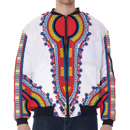 Red And White African Dashiki Print Zip Sleeve Bomber Jacket