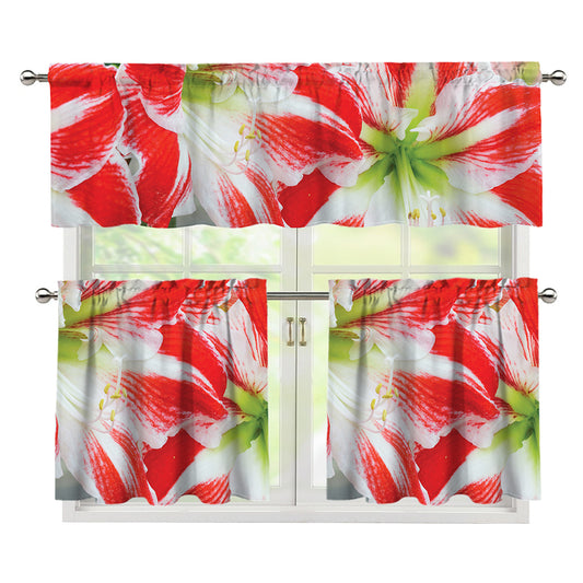 Red And White Amaryllis Print 3 Piece Kitchen Curtains