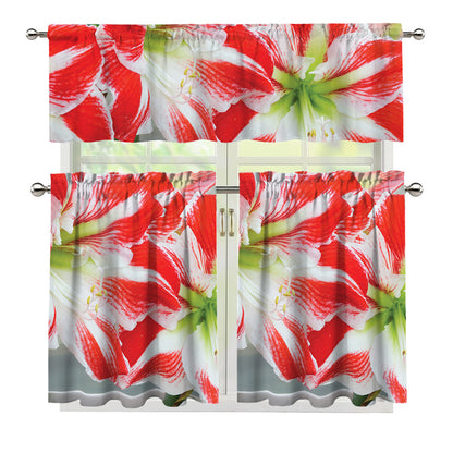 Red And White Amaryllis Print 3 Piece Kitchen Curtains